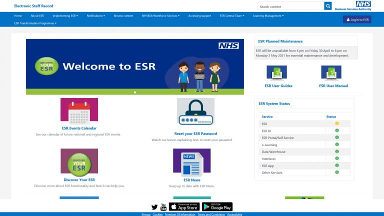 NHS ESR Website Screenshot